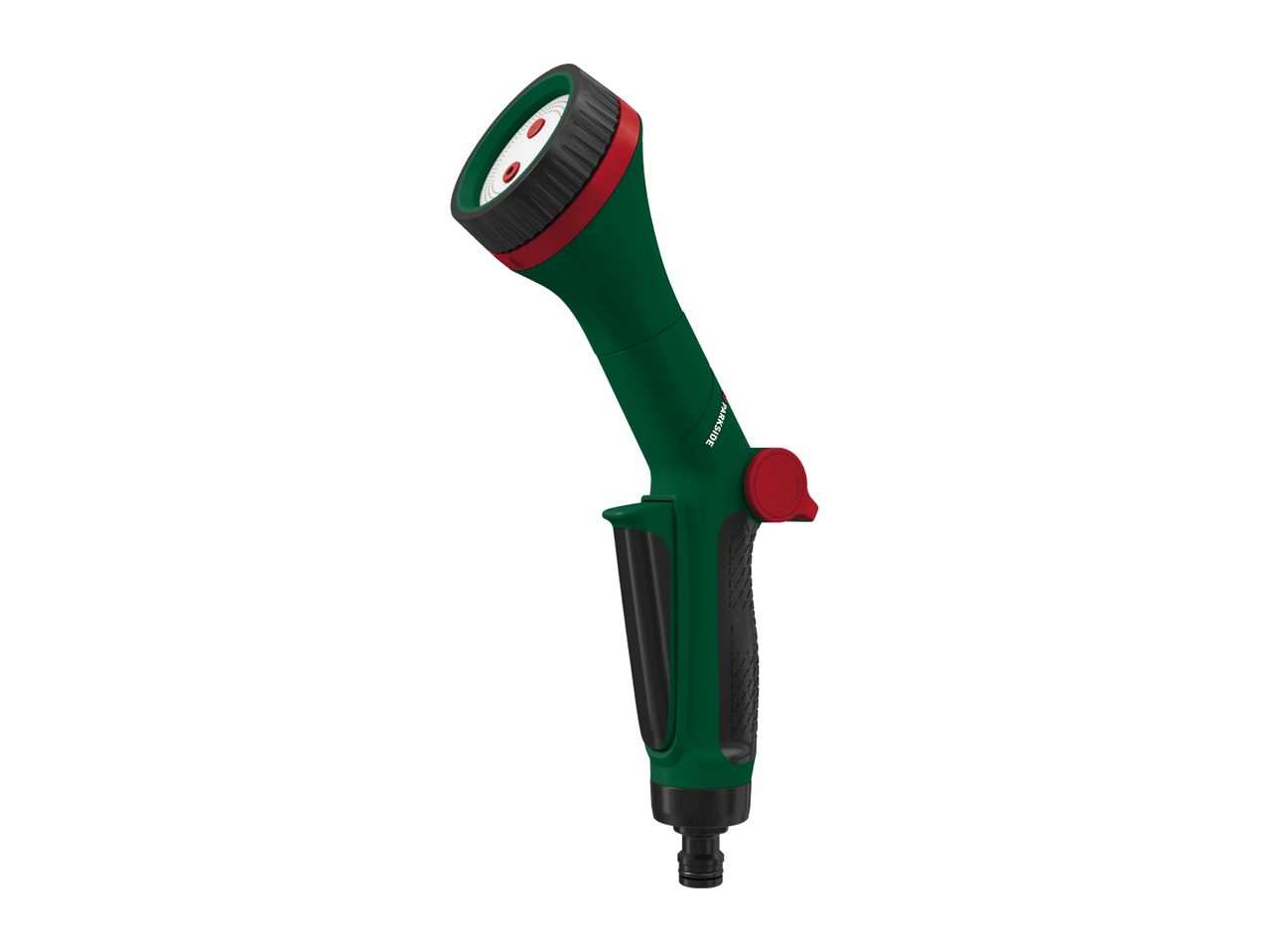 Green and red garden spray gun with an adjustable nozzle and ergonomic handle.