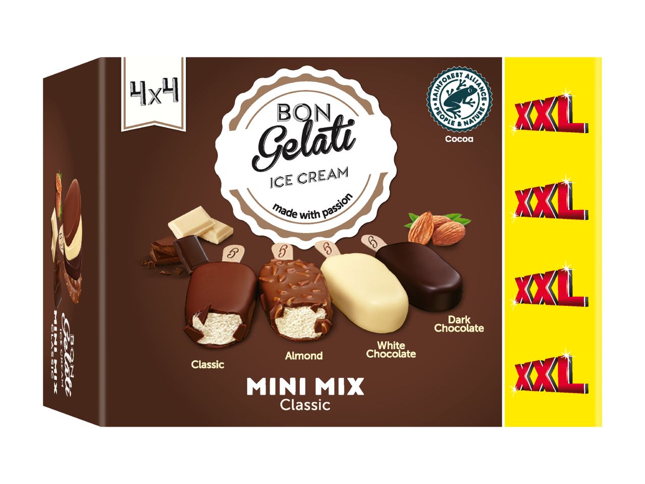 Bon Gelati Mini Mix Classic: ice cream bars with dark, white chocolate and almonds.
