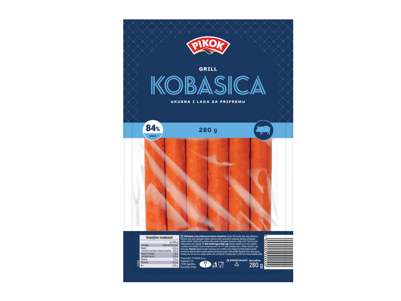 Pakovanje roštilj kobasica sa 84% mesa, neto težine 280g.