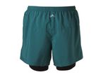 Teal men's running shorts with black inner compression shorts, elastic waistband, and reflective logo.