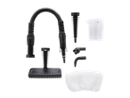 Steam cleaner accessories: flexible hose, nozzles, measuring cup, brush, and cloth.