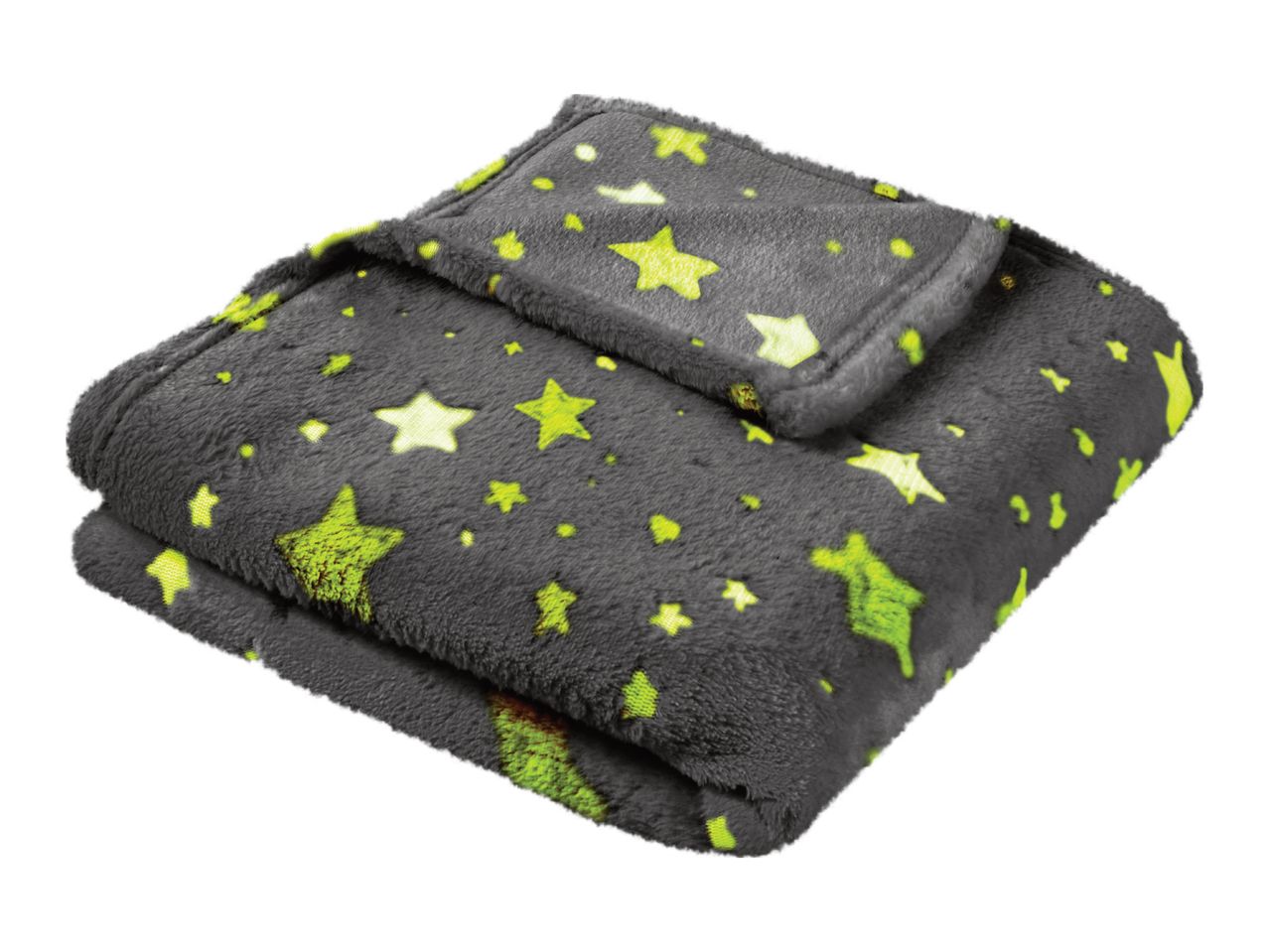 A folded gray blanket with glow-in-the-dark green stars.