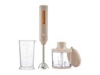 Beige immersion blender set with a measuring cup and a food chopper attachment.