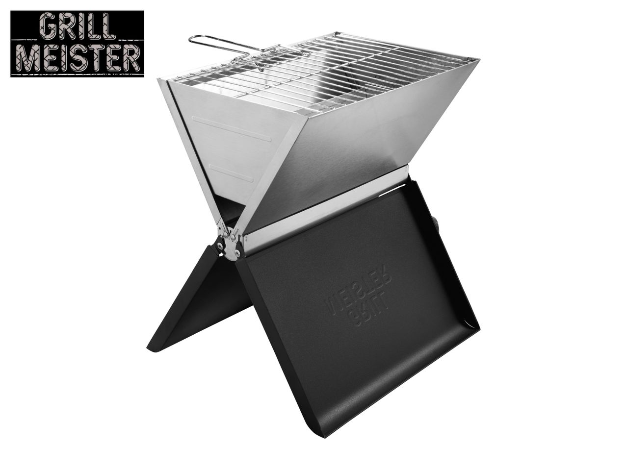 Portable stainless steel barbecue grill with a black base, featuring the text 'GRILL MEISTER'.