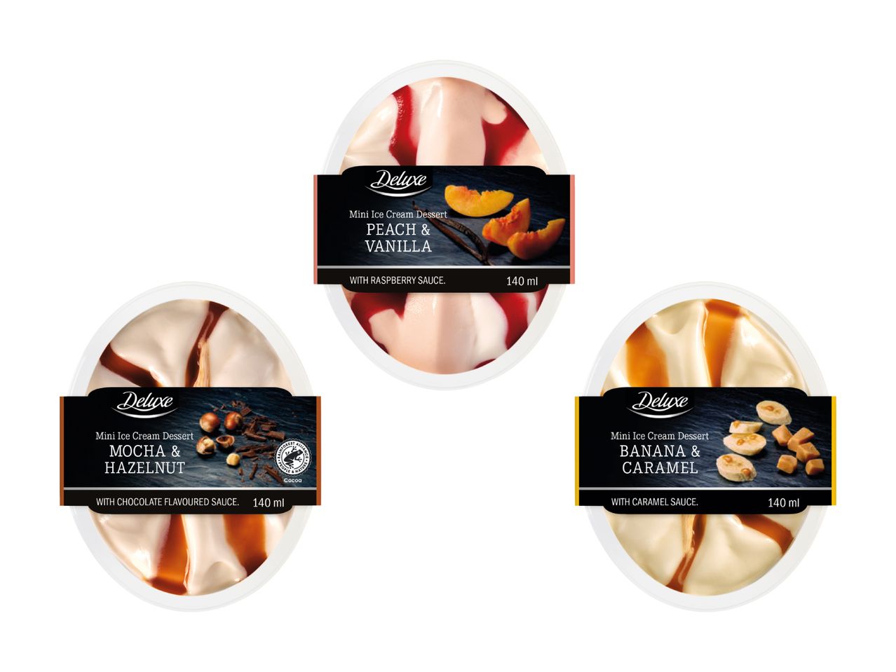 Drei handwerklich hergestellte Eisdesserts mit Früchten und Nüssen.