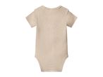 Back view of a plain beige short-sleeved baby bodysuit.
