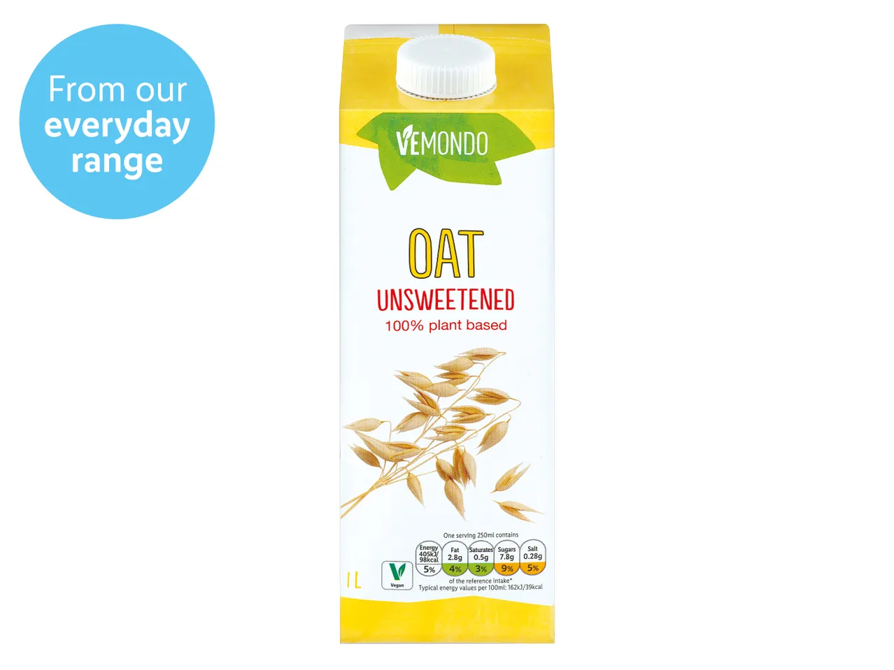 Vemondo unsweetened oat milk, 100% plant based.