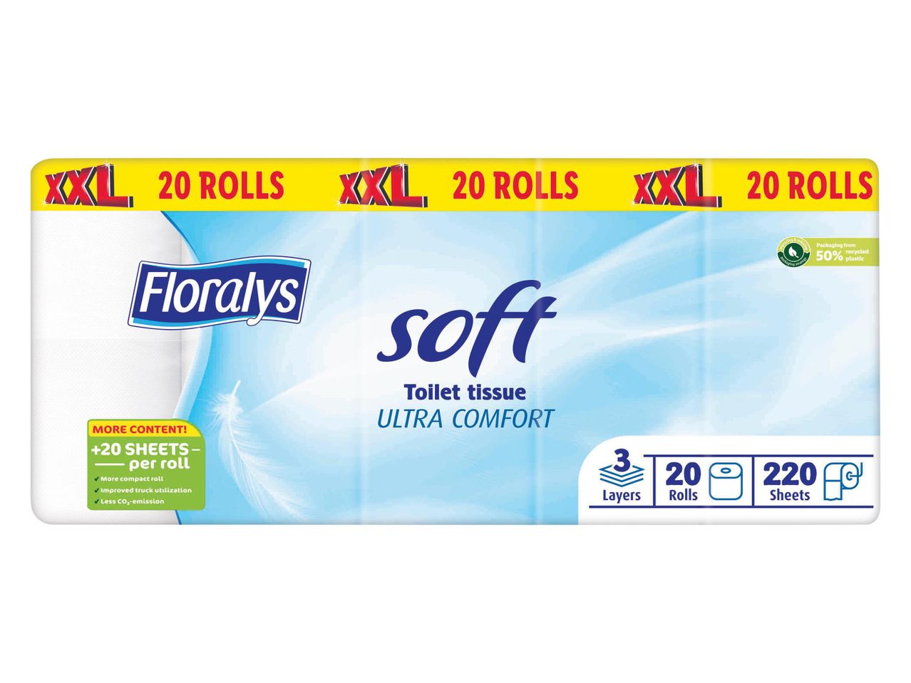 Floralys Soft ultra puha WC papír, 20 XXL tekercs, 220 lap/tekercs.
