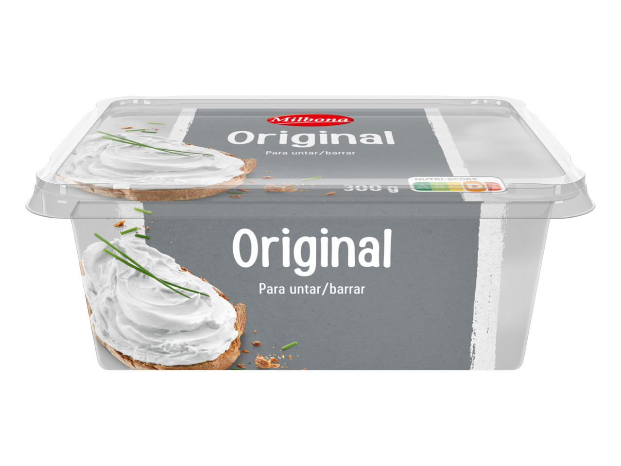 Queijo cremoso Milbona Original em um pote de plástico transparente, pronto para espalhar.