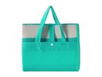 Folded turquoise and white woven picnic mat with handles
