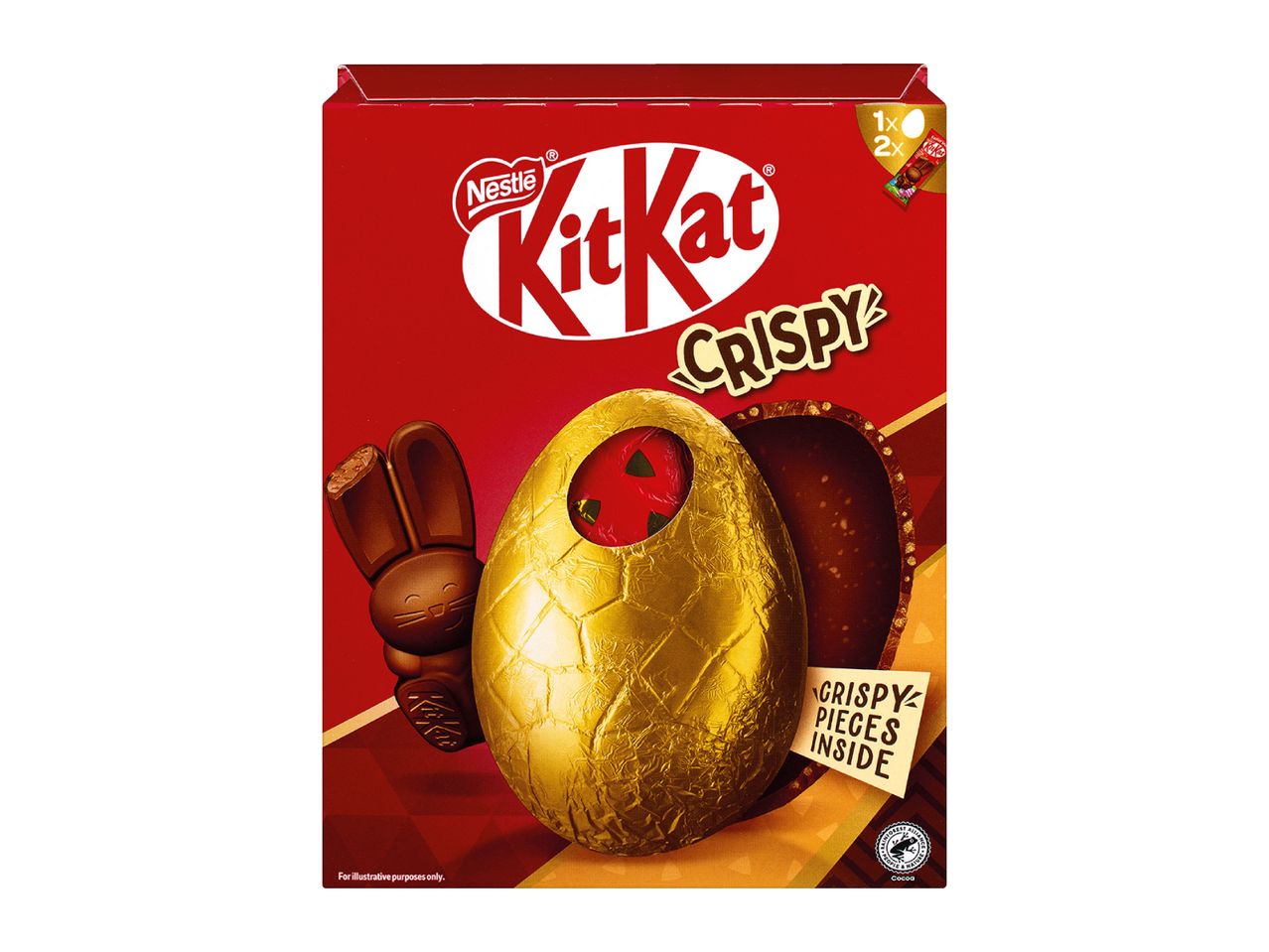 Red box with a golden Easter egg, a chocolate bunny, and text 'Crispy Pieces Inside'.