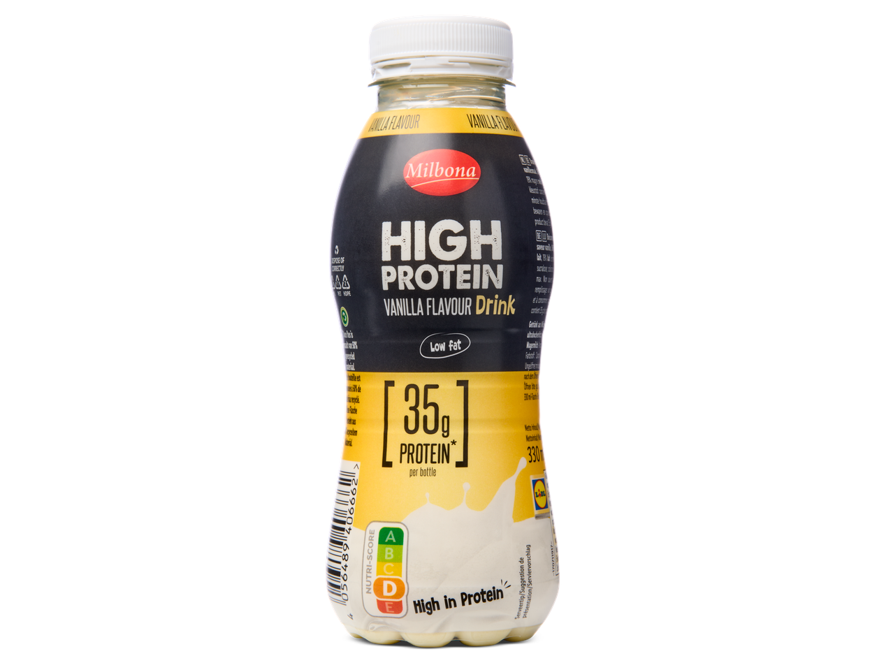 Milbona high-protein vanille drank: 35g eiwit per fles.