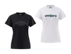 To t-shirts til kvinder, en sort med et diamantformet logo og en hvid med teksten 'umbro'.