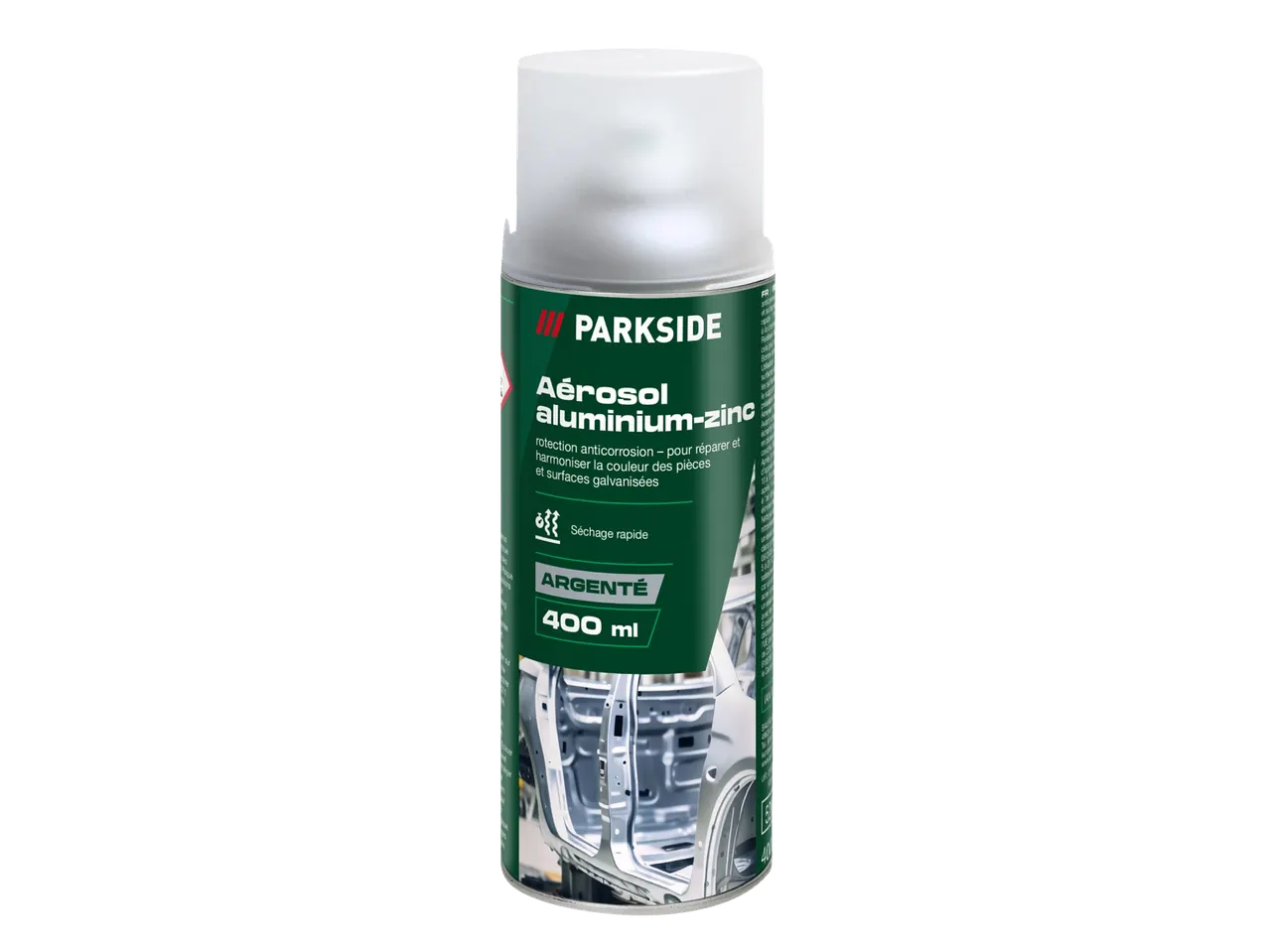 Bombe aérosol pour protection anticorrosion aluminium-zinc, 400 ml, argentée, à séchage rapide.
