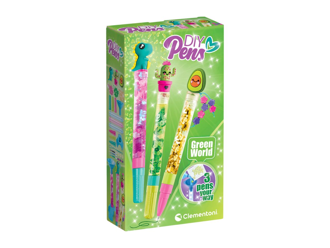 DIY Pens kit with three pens featuring a dinosaur, cactus, and avocado, filled with glitter and beads.
