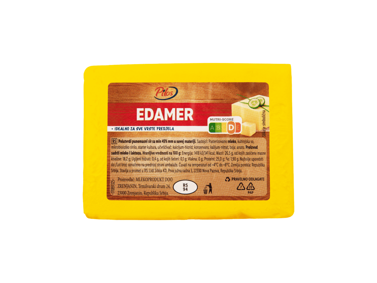 Žuti edamer sir sa Nutri-Score oznakom D, informacijama o hranljivim vrednostima i uputstvima za odlaganje.