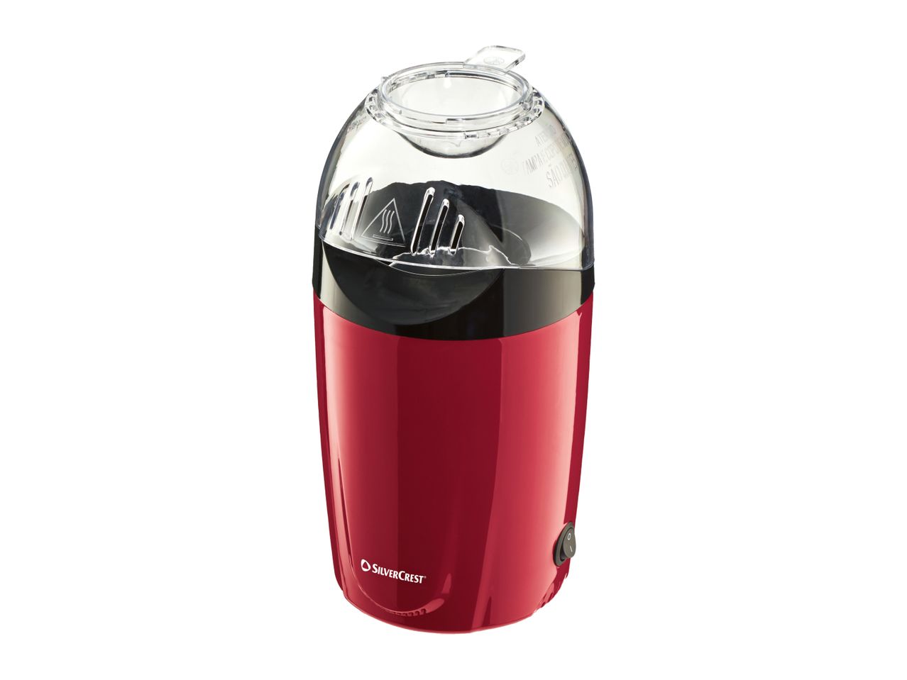 Red popcorn maker with a clear lid and a black base, featuring an on/off switch.