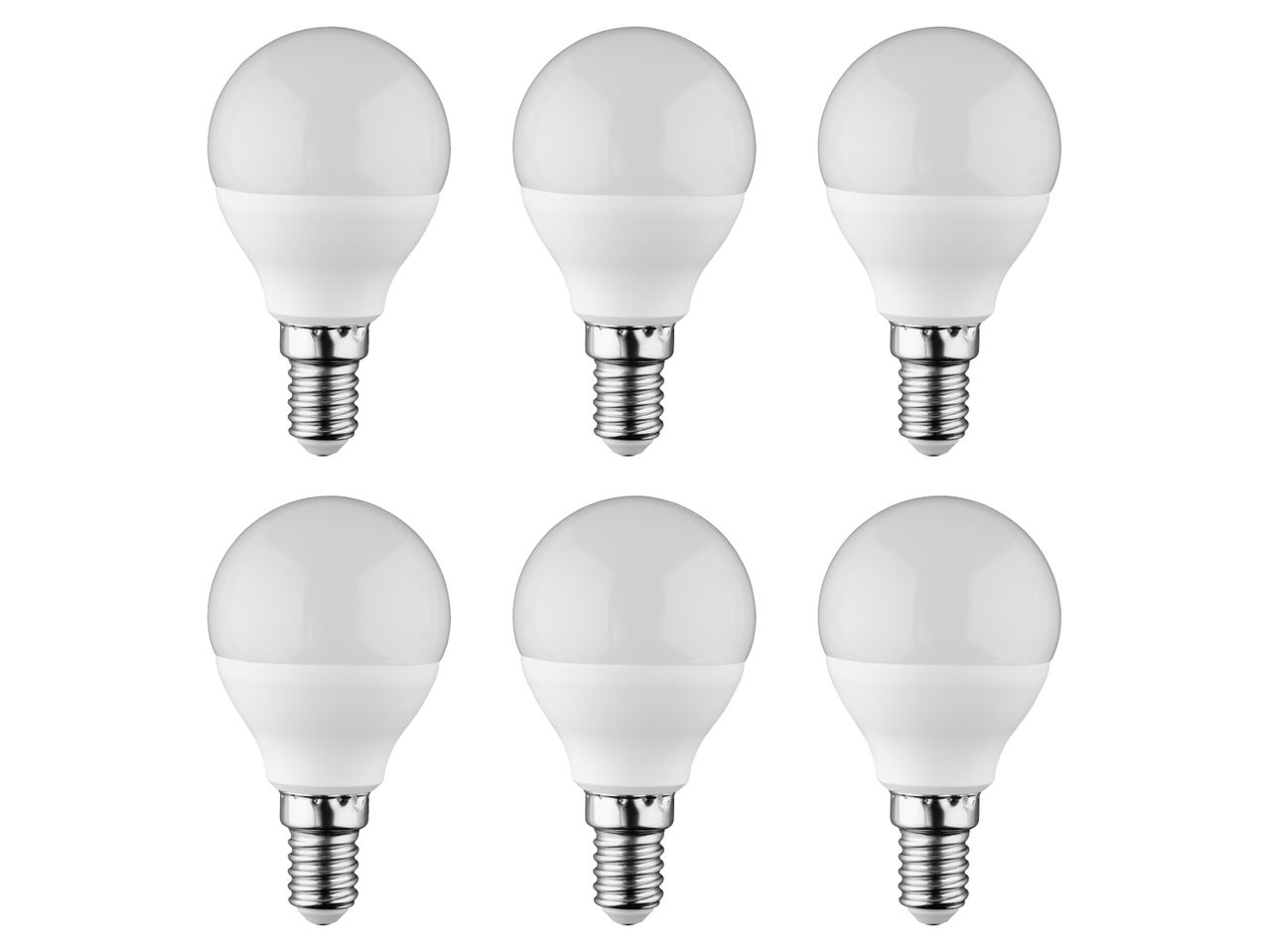 Six LED light bulbs with E14 screw bases are arranged in a grid pattern on a white background.