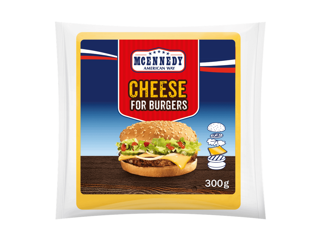 Paquet de fromage pour burgers avec un hamburger et une illustration des couches.