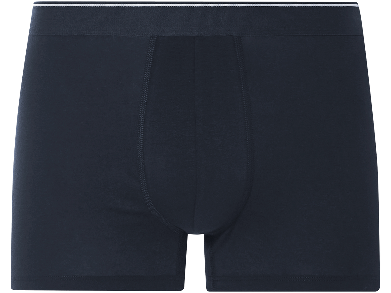 Navy blue boxer shorts with elastic waistband.