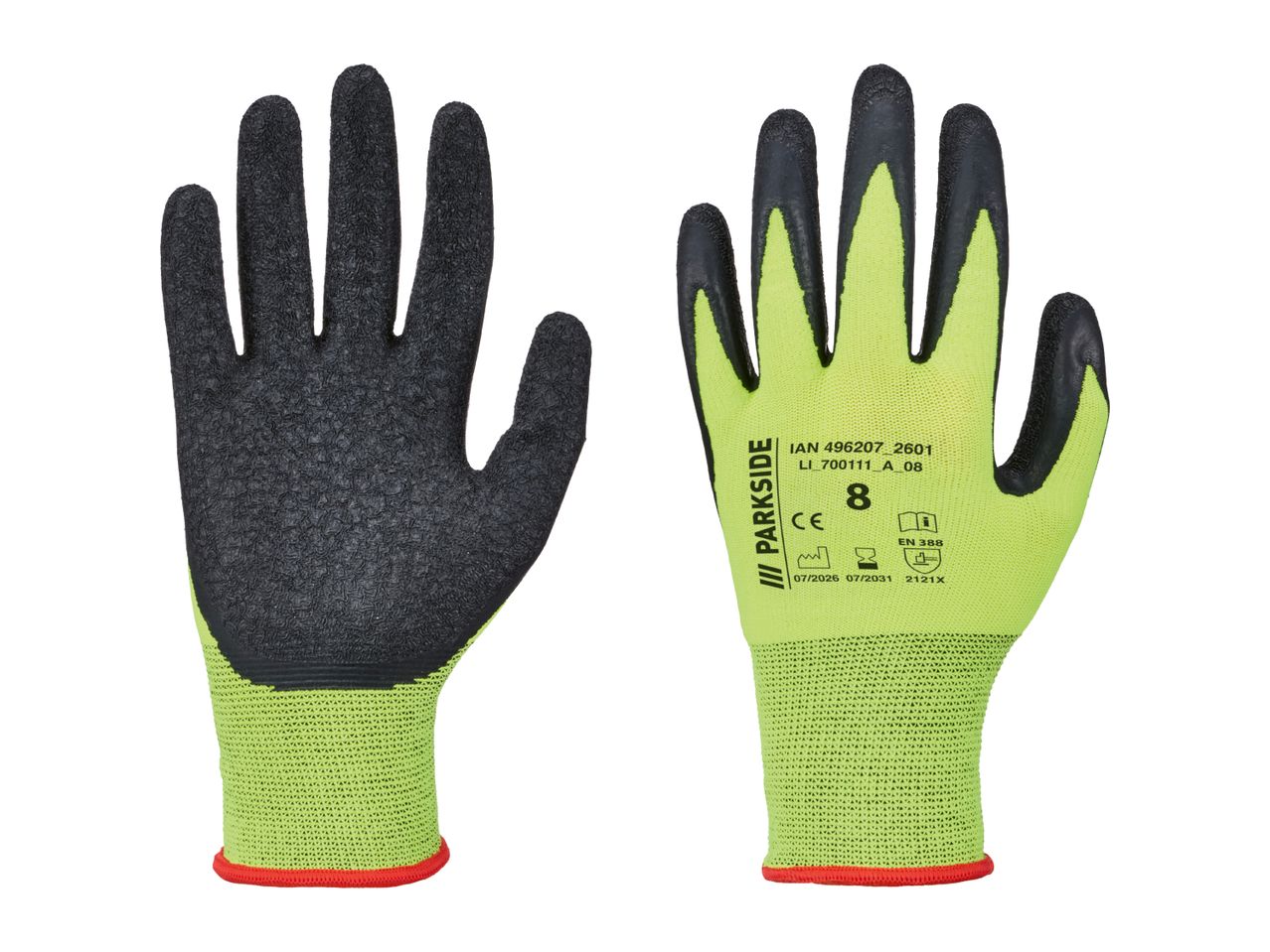Pair of green and black work gloves with textured grip and product information