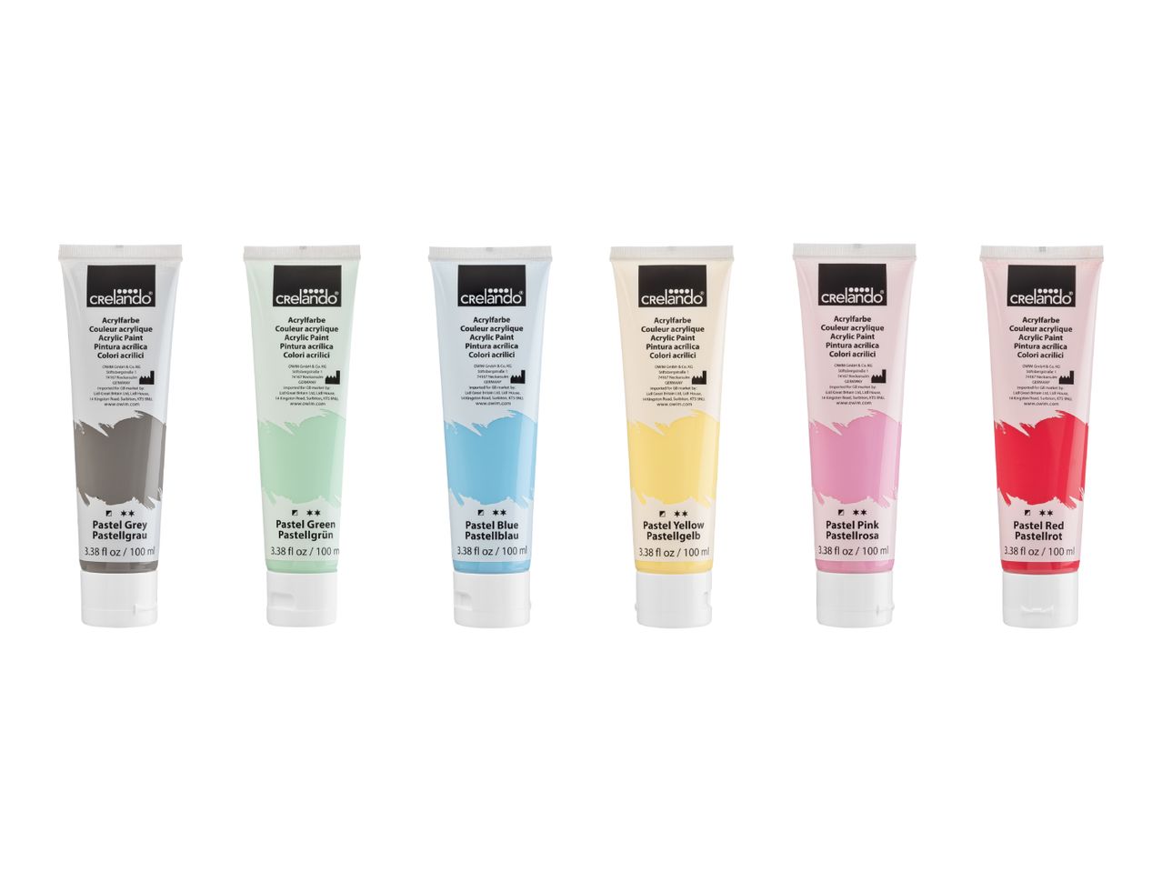 Six tubes of pastel acrylic paint in grey, green, blue, yellow, pink, and red.
