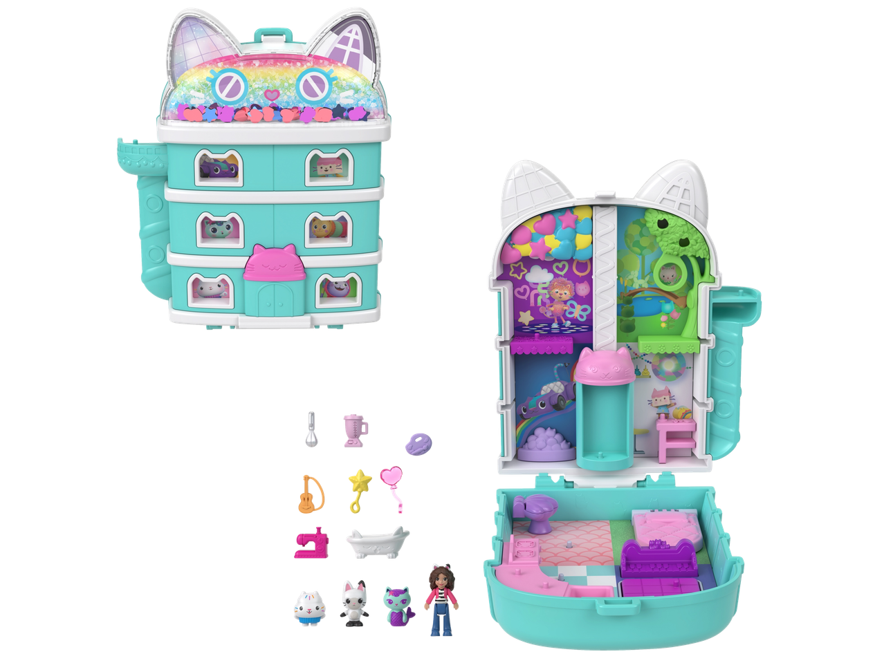 Gabby's Dollhouse Polly Pocket playset with accessories and figures.