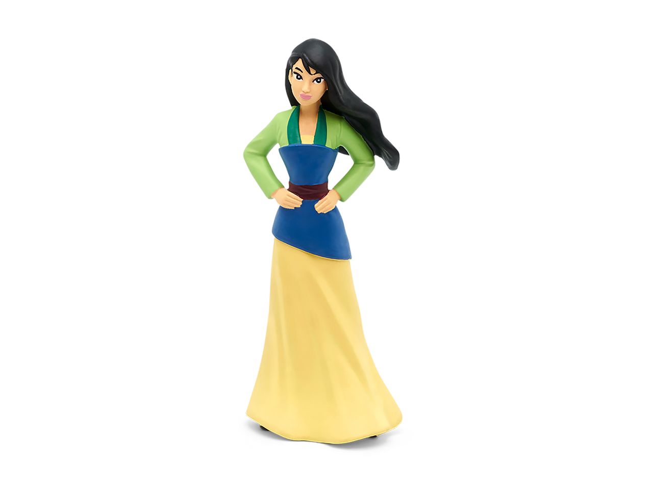 Mulan figurine in a green top, blue tunic, and yellow skirt, with hands on hips.