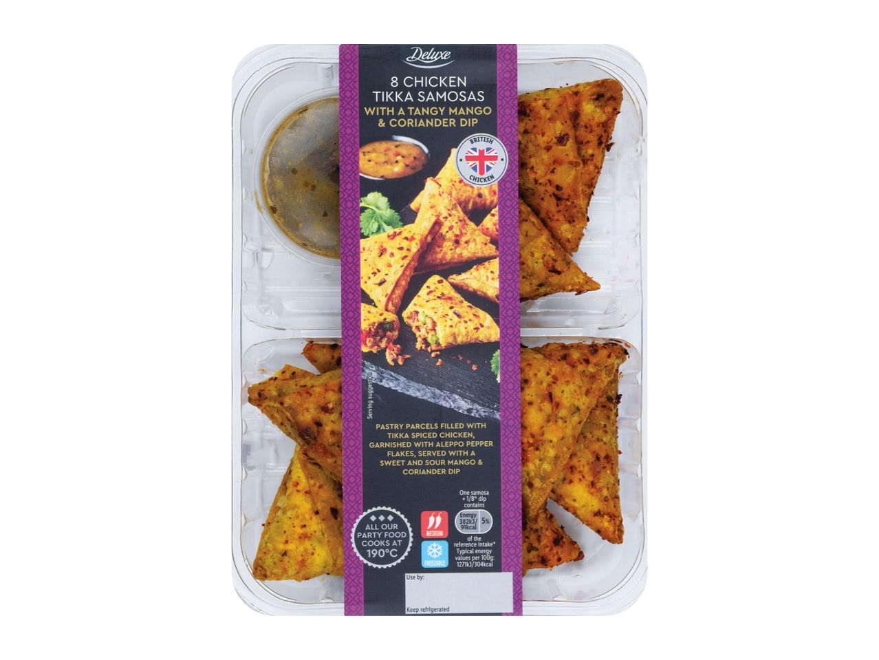 Deluxe 8 Chicken Tikka Samosas with a Tangy Mango & Coriander Dip in a clear plastic tray.