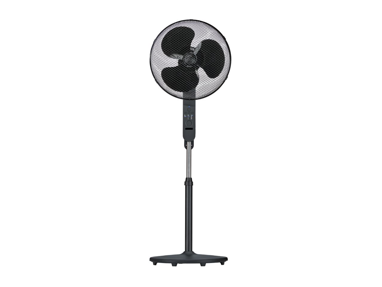 Black pedestal fan with a round base and control panel on the stand.