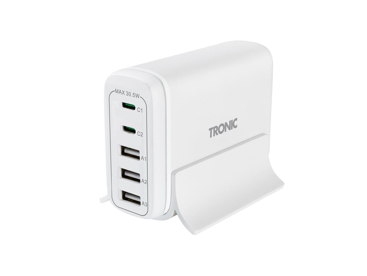 Tronic márkájú, fehér színű, többportos USB töltőállomás, 30,5W maximális teljesítménnyel.