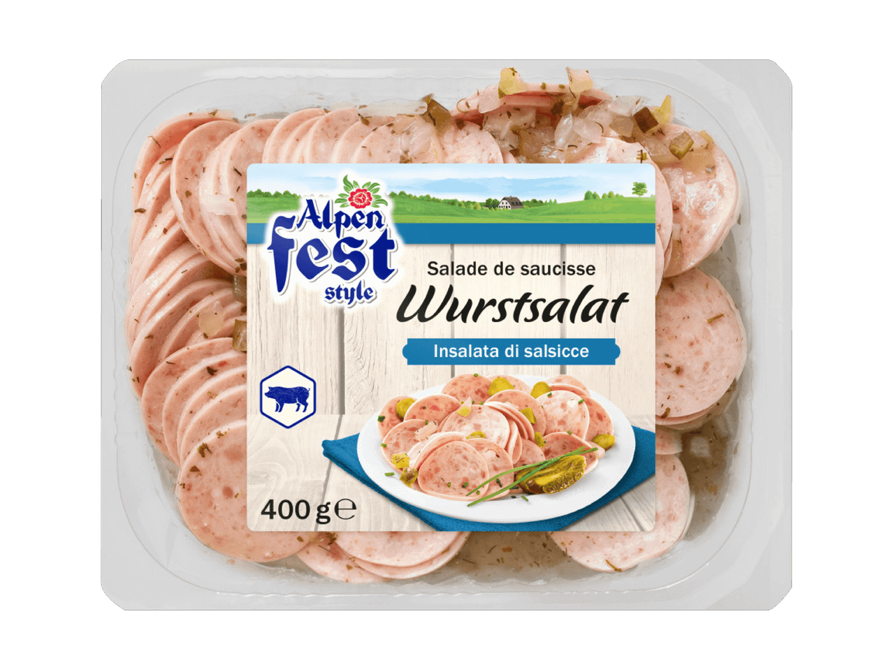 Alpenfest Wurstsalat in transparenter 400g-Verpackung.