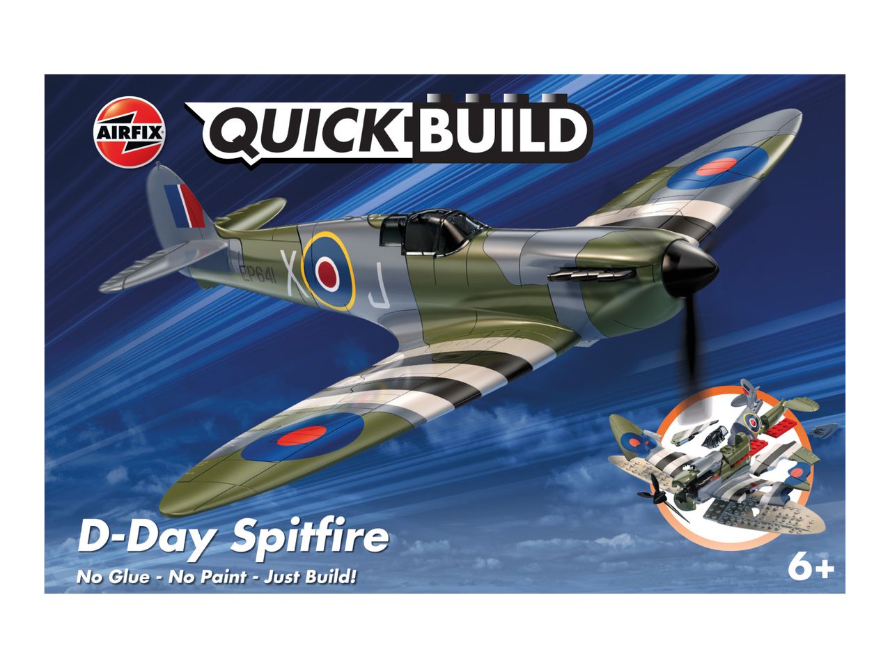 D-Day Spitfire model kit with 'Quick Build' and 'No Glue - No Paint - Just Build!' text.