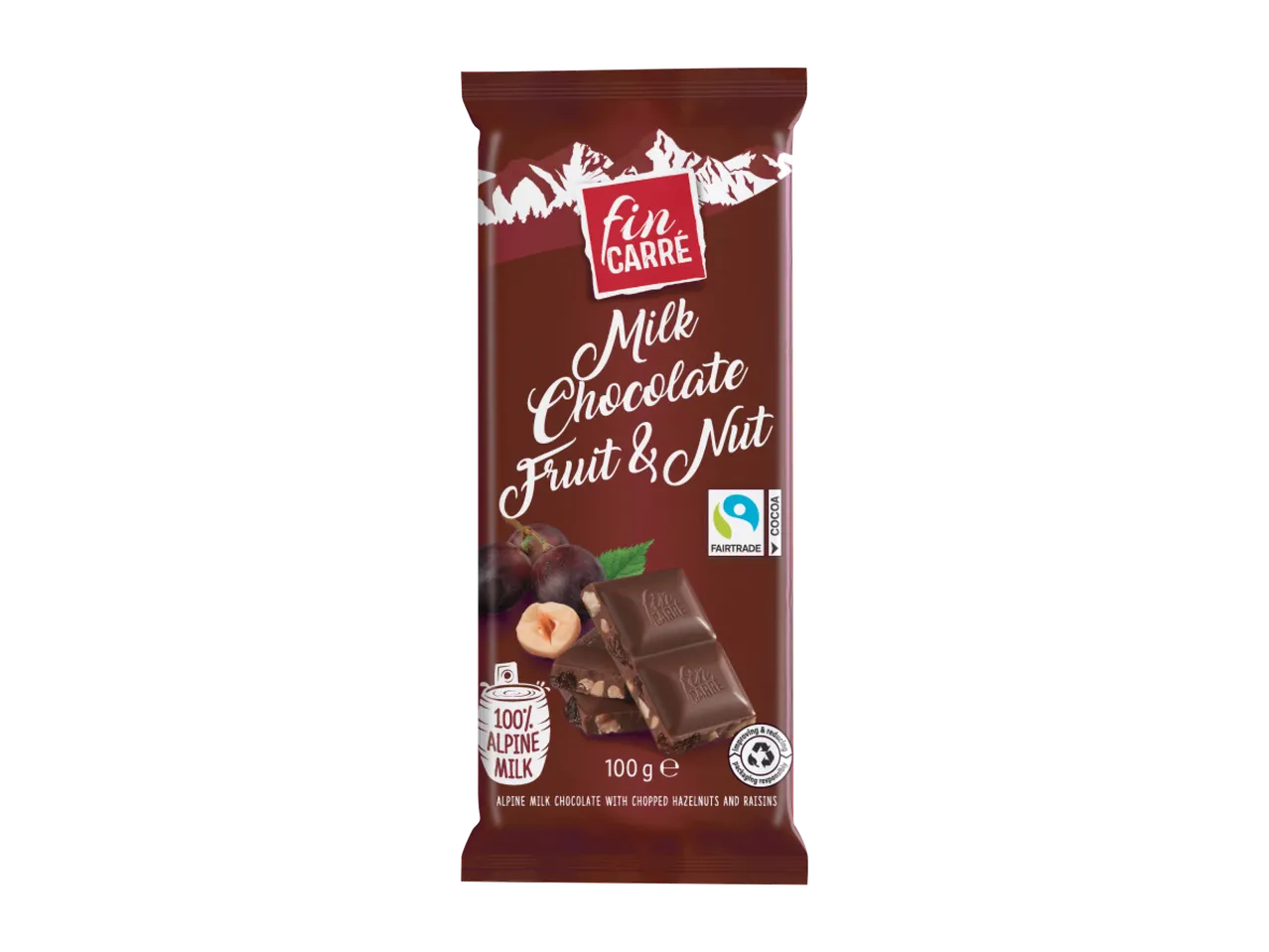Čokolada sa mlekom, voćem i orašastim plodovima, sa 100% alpskim mlekom i Fairtrade kakaoom.