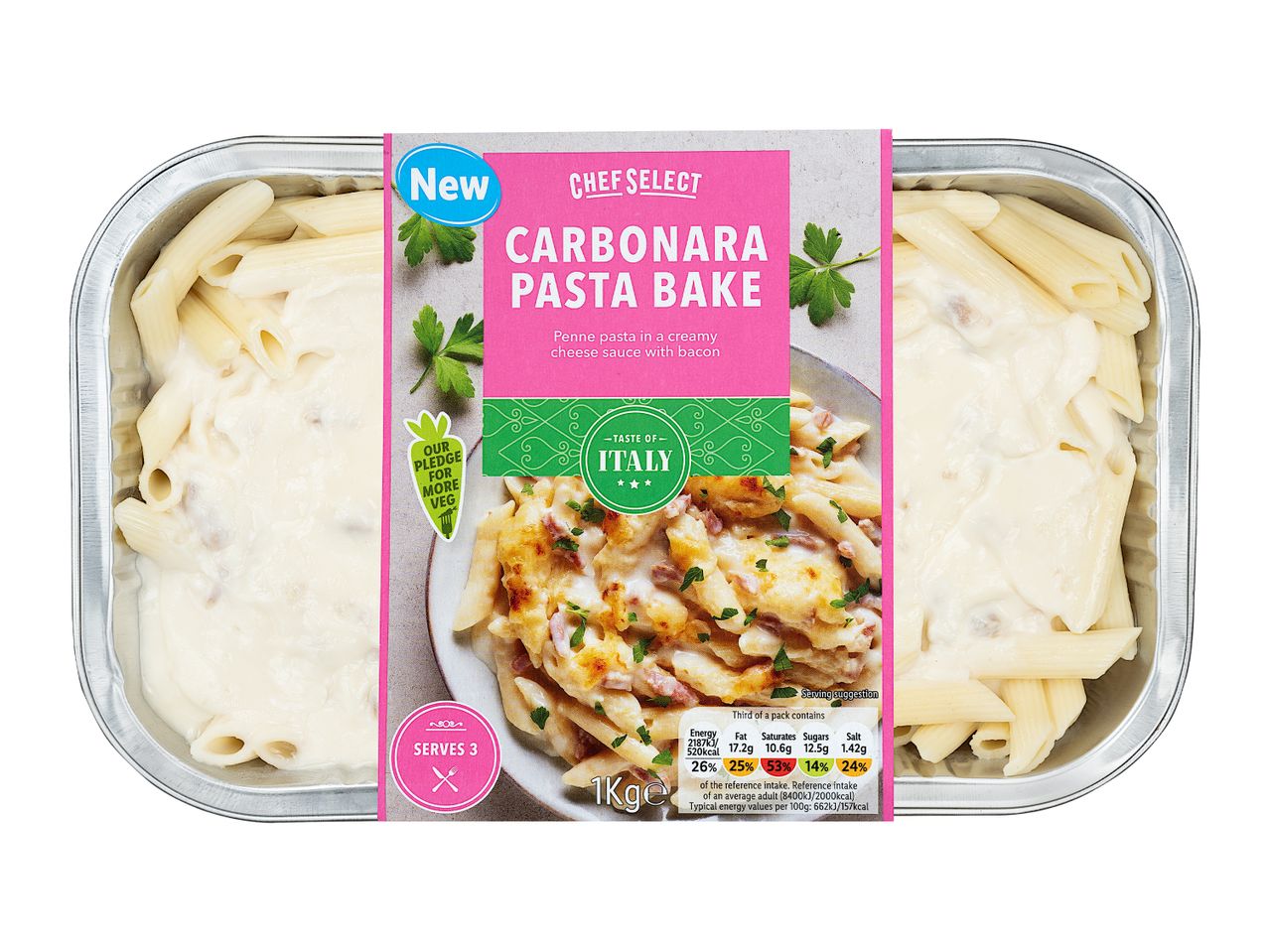 Chef Select's new Carbonara Pasta Bake, a creamy penne pasta dish with bacon, in a ready-to-eat tray.
