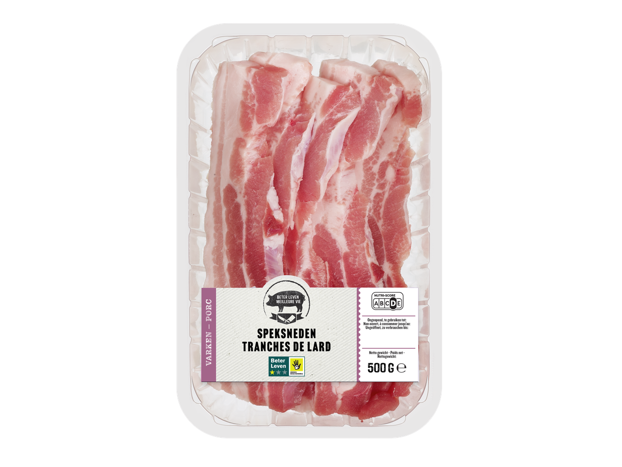 Paquet de tranches de lard avec le label de qualité Beter Leven et le Nutri-Score A.