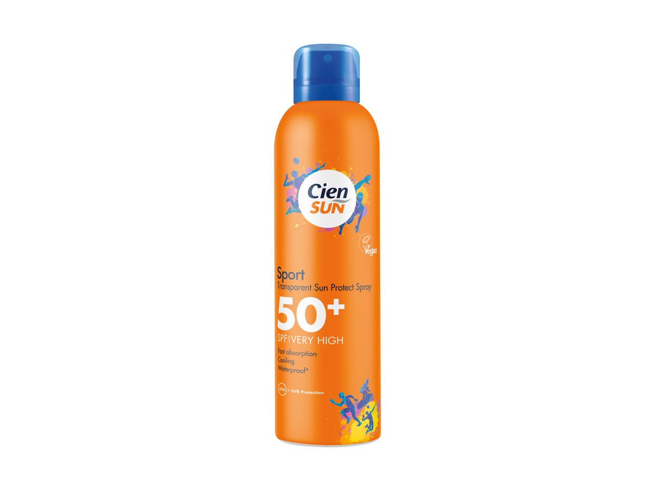 Orange sun protect spray with SPF 50+ for sport, fast absorption, cooling, and waterproof.