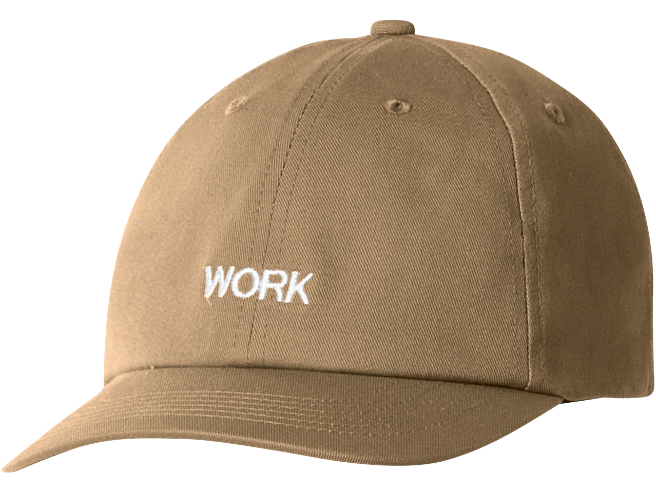 Șapcă ESMARA bej cu cuvântul „WORK” brodat cu alb.