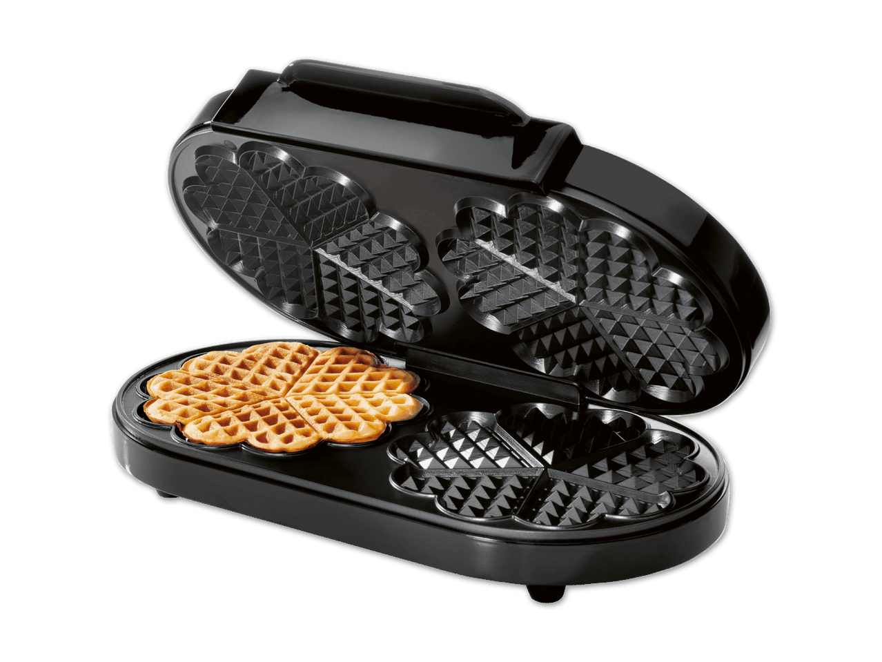 Ein schwarzes Herz-Waffeleisen mit einem goldbraunen Waffel im unteren Teil.