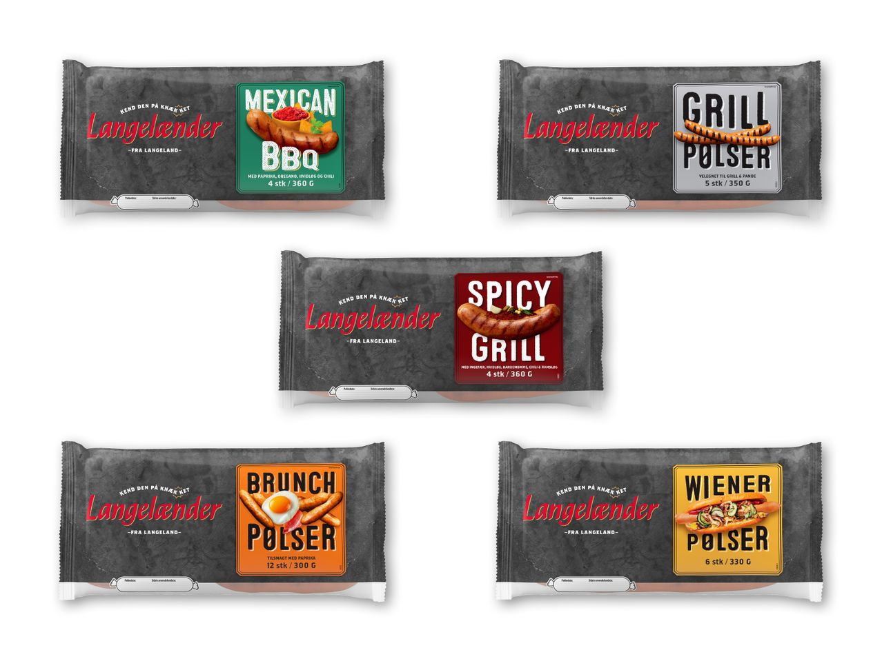Fem pakker pølser: Mexican BBQ, Grillpølser, Spicy Grill, Brunchpølser og Wienerpølser.