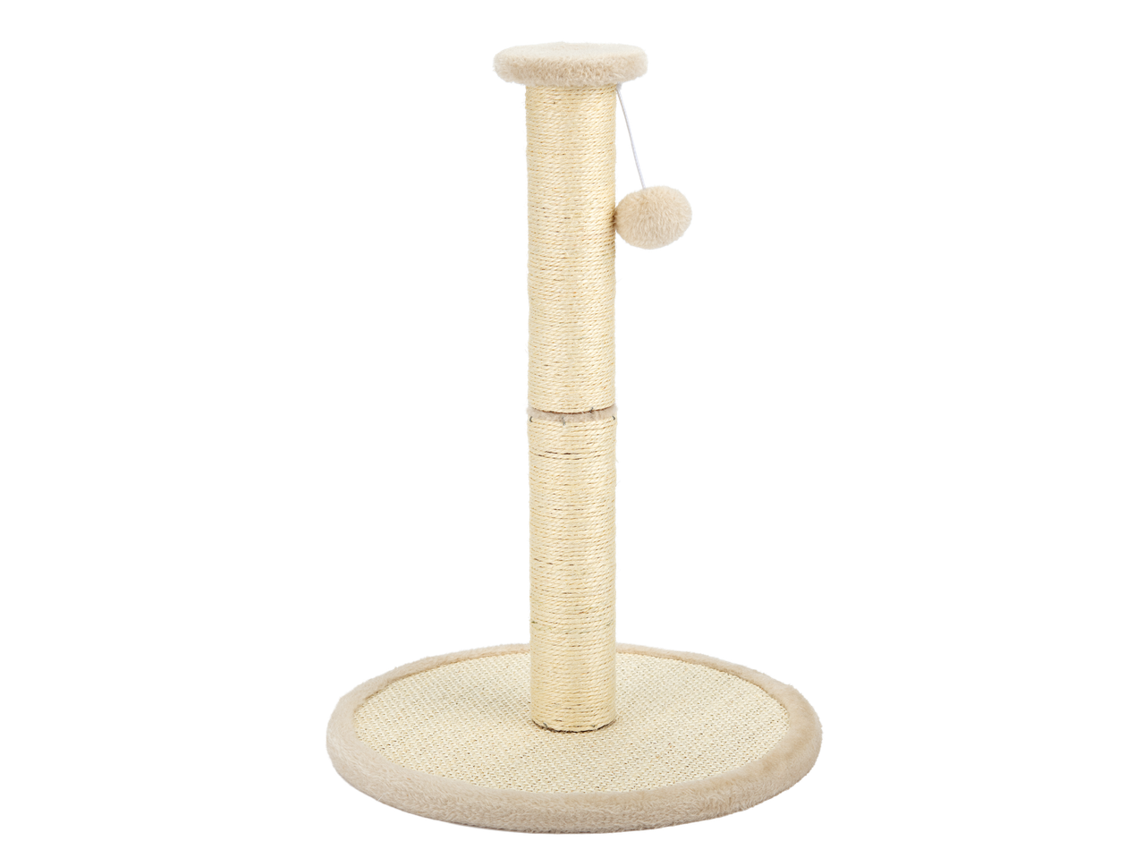 Бежова драскалка за котки с кръгла основа и висяща топка за игра