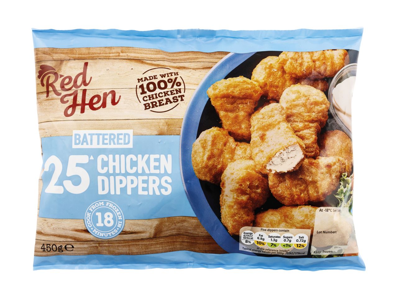 Frozen battered chicken dippers made with 100% chicken breast, 25 pieces, 450g.