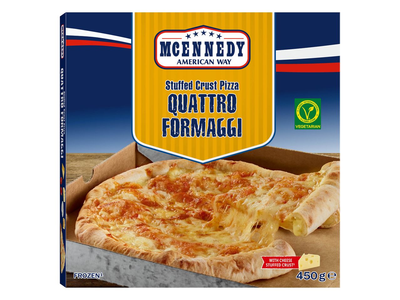 Pizza McEnnedy Quattro Formaggi surgelée, croûte farcie.