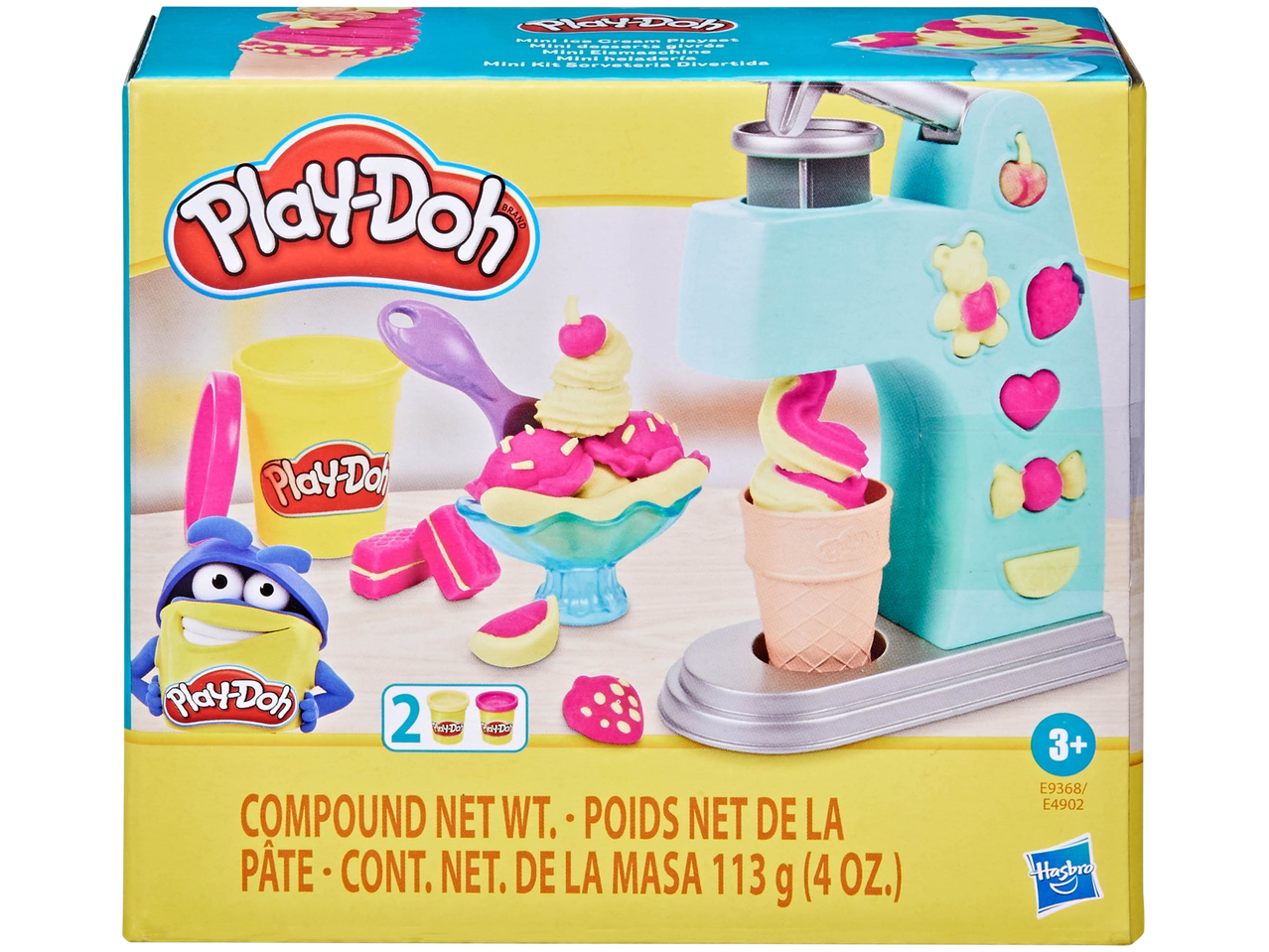 Play-Doh ice cream playset with a light blue ice cream maker, two tubs of modeling compound, and various molded desserts.