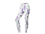 Women's sports leggings with an abstract purple and white pattern.