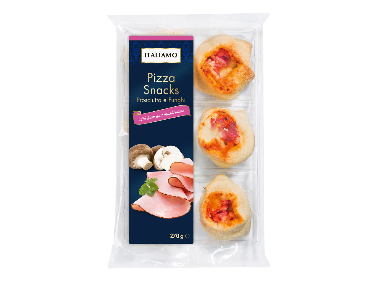 Mini pizzas aux champignons et jambon dans un emballage transparent