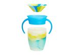 A disassembled baby sippy cup with handles, featuring a colorful blue, yellow, and green design.
