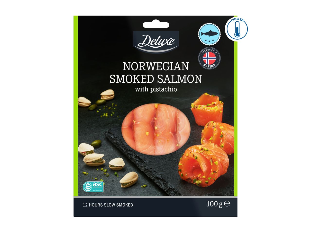 Packaging for Norwegian smoked salmon with pistachio, chilled, 100g.