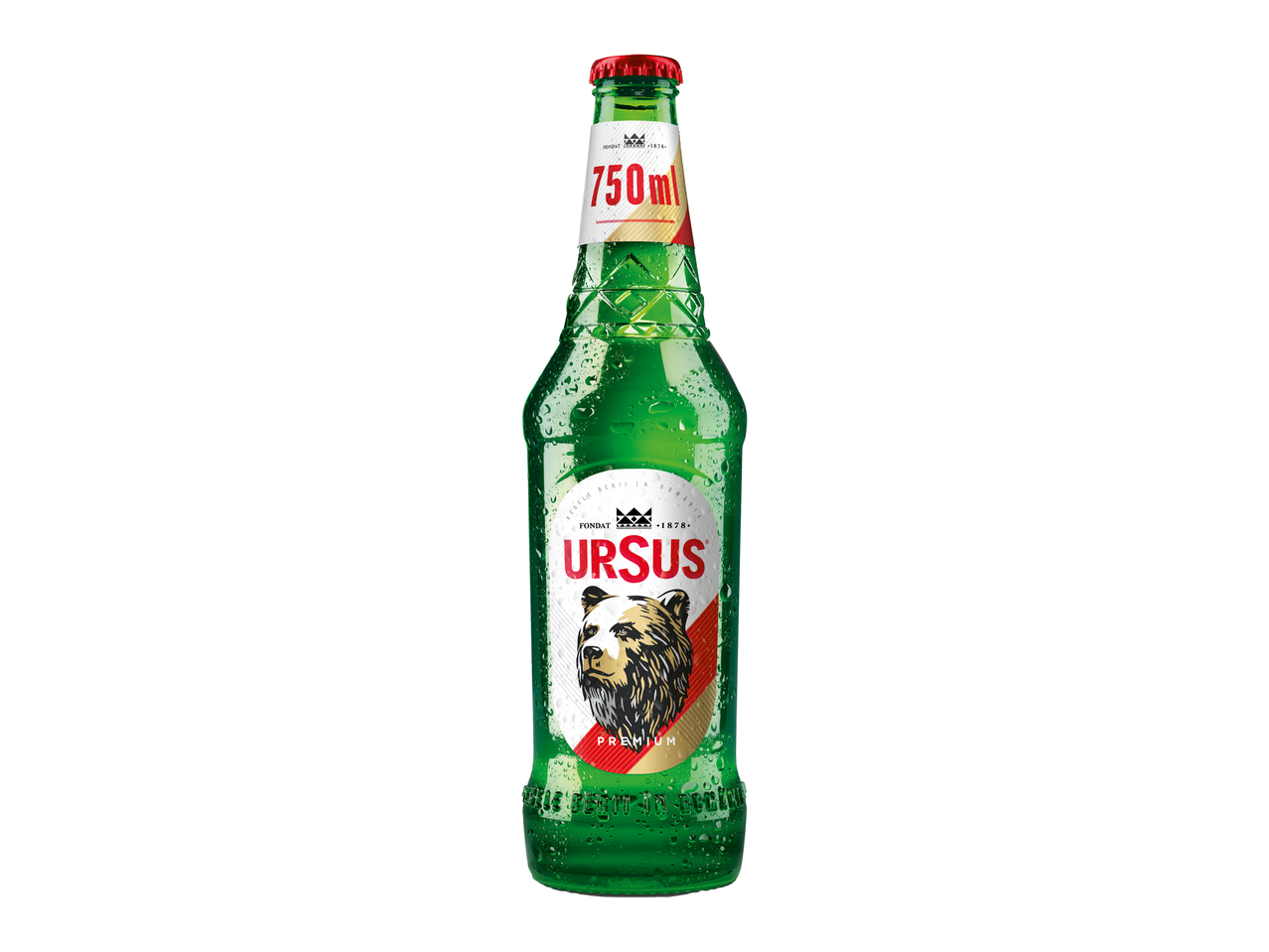 O sticlă de 750 ml de bere Ursus Premium, cu un urs pe etichetă.