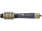 Hair dryer brush in dark blue and gold with bristles and air vents